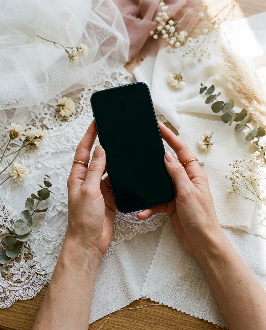 Deux mains tiennent un téléphone au-dessus d’échantillons de tissus de mariée