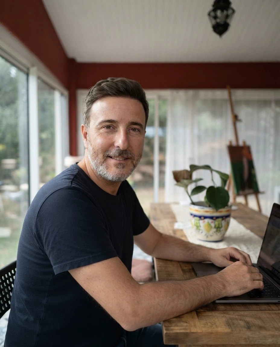 Rémi, qui conçoit votre site, souriant devant son ordinateur dans sa véranda