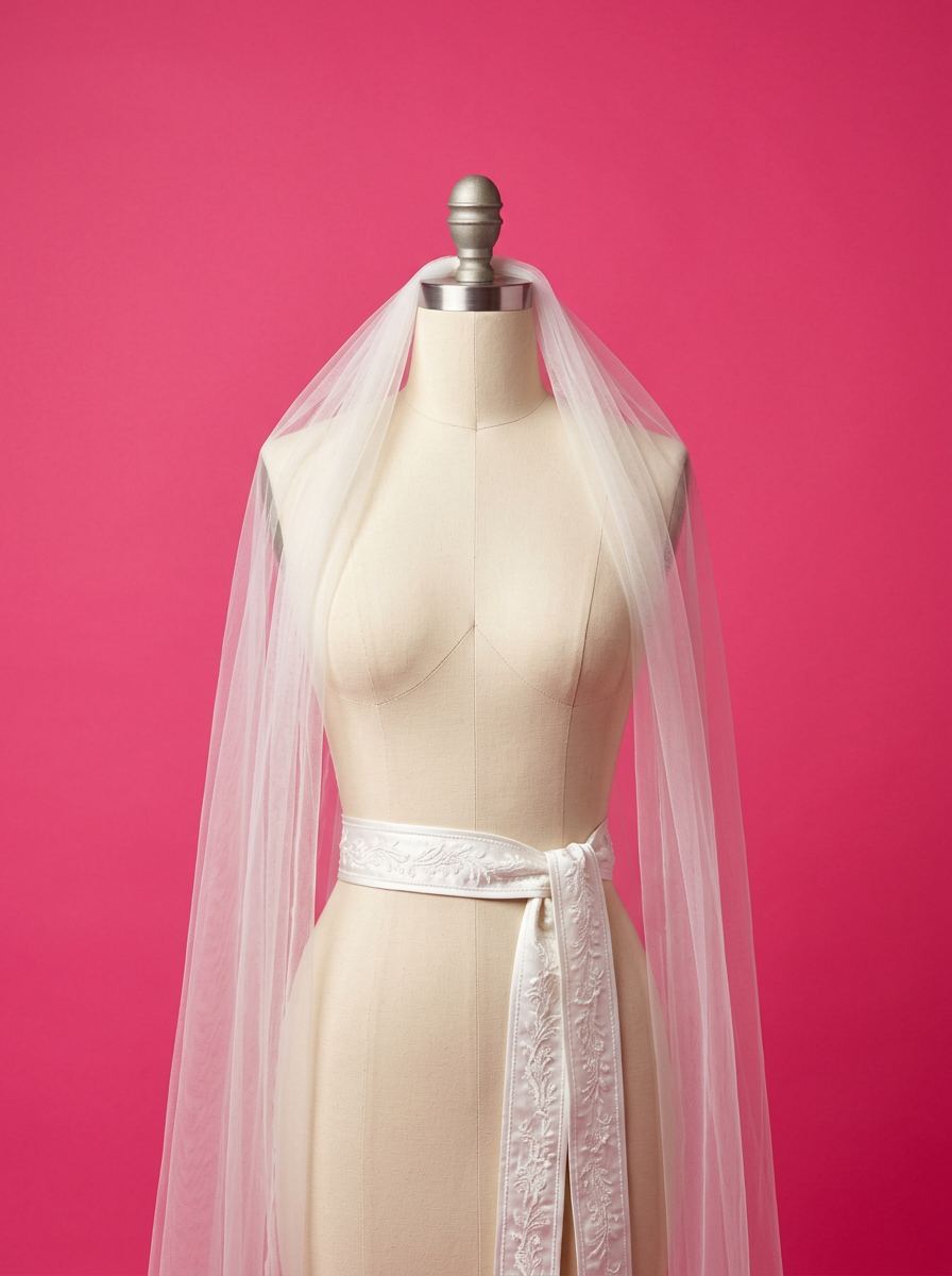 Buste de couturière portant un voile long et une ceinture brodée, sur fond rose vif