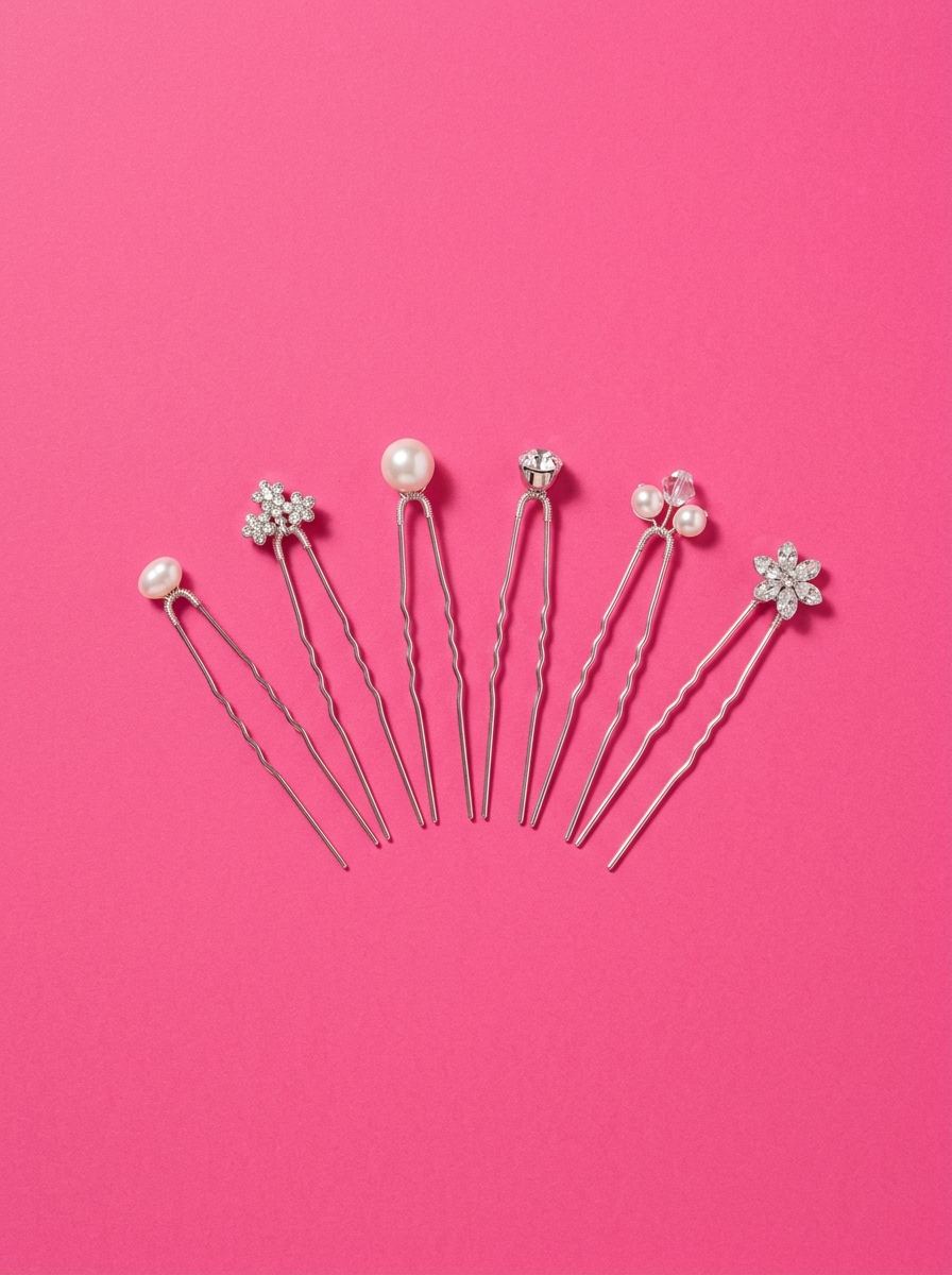 Six épingles à cheveux à tête de perle et de cristal, disposées en éventail