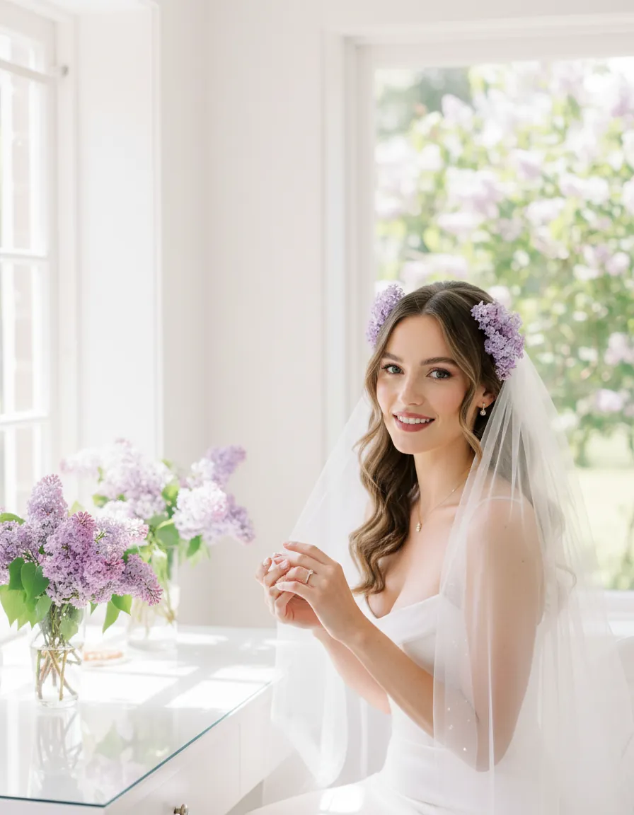 Mariée au teint lumineux, fleurs lilas dans les cheveux, voile léger