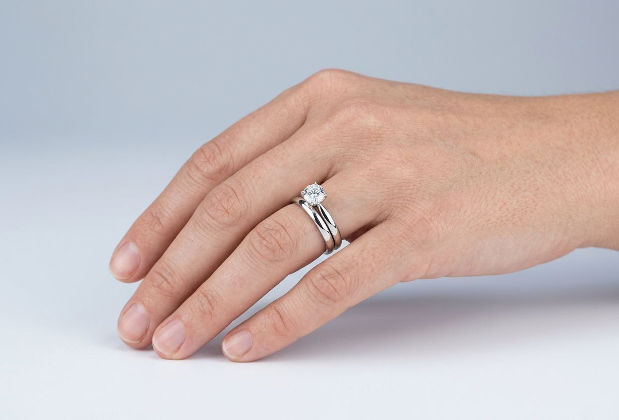 Une bague de fiançailles et une alliance fine portées au même doigt