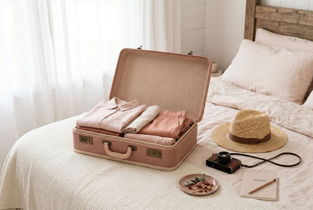 Valise ouverte à demi remplie sur un lit, chapeau de paille posé à côté