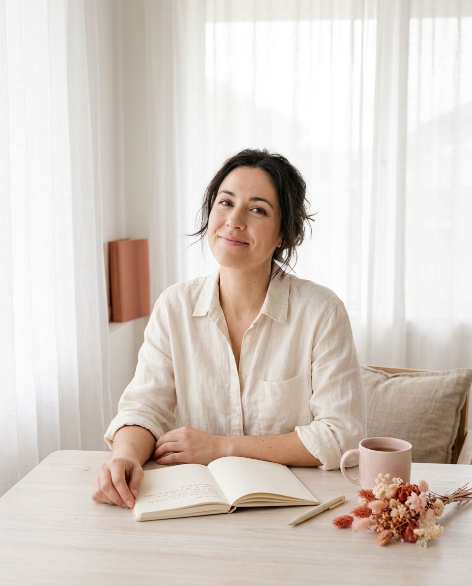 L’autrice du blog à son bureau, près d’une fenêtre voilée