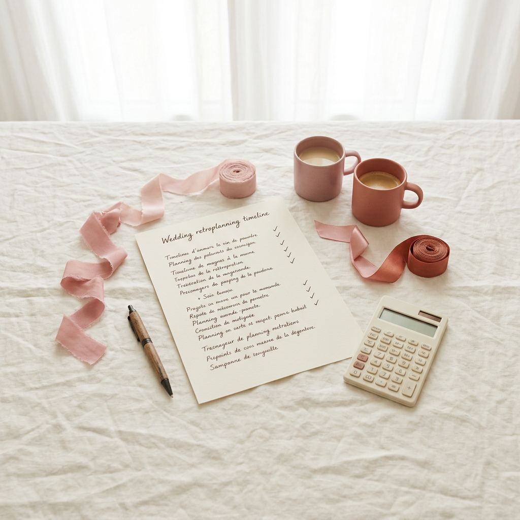 Rétroplanning de mariage manuscrit, rubans et échantillons posés à plat