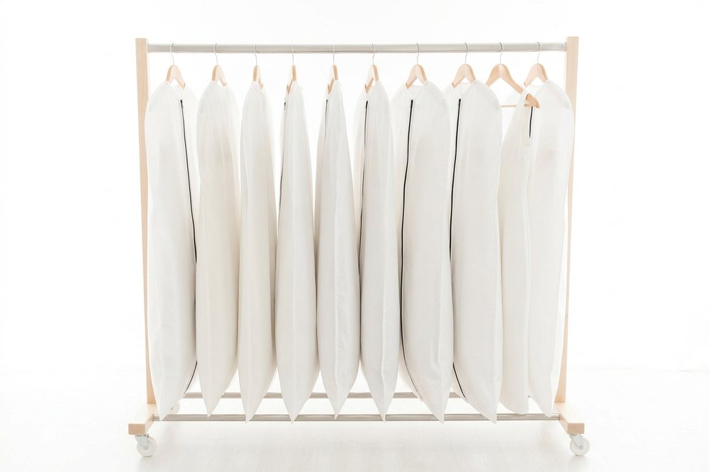 Portant de boutique avec une dizaine de housses blanches fermées.