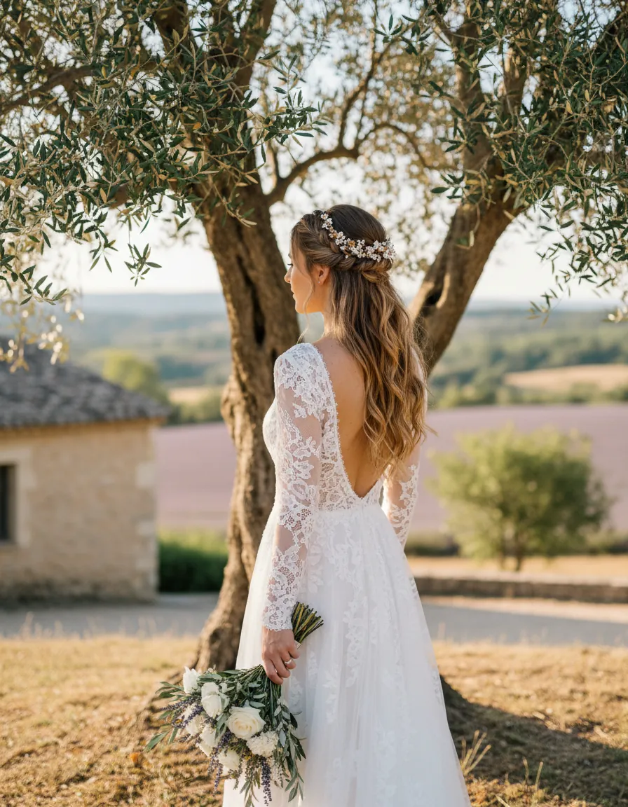 Mariée sous un olivier, coiffure bohème semi-attachée avec de fines tresses et des fleurs