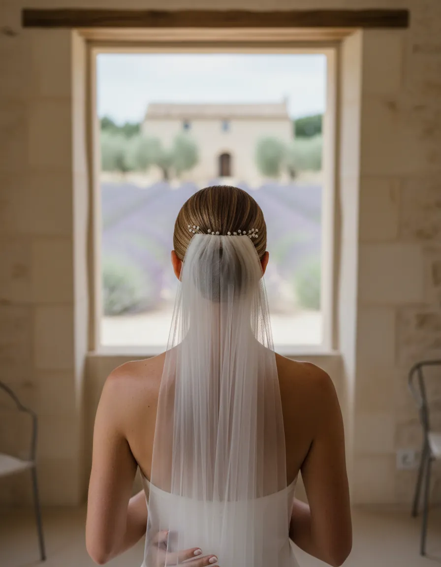 Mariée de dos, chignon bas lisse tenu par des épingles à perles, voile de tulle juste en dessous