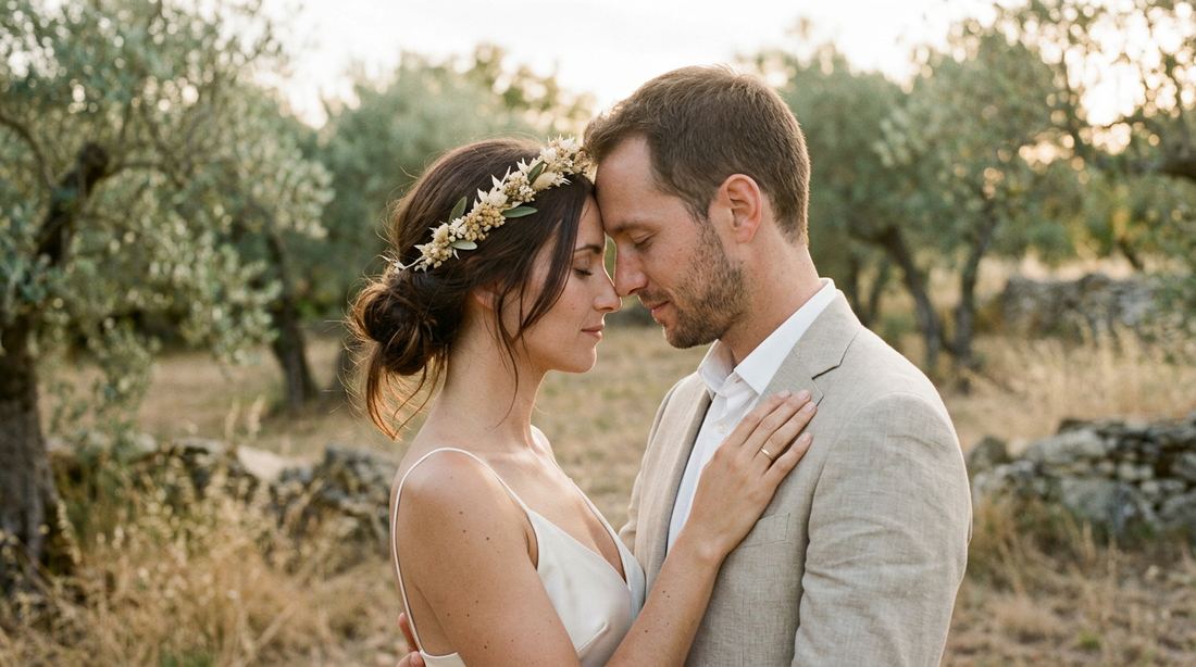 Mariée aux cheveux relevés et couronne de fleurs séchées, front contre front avec son mari