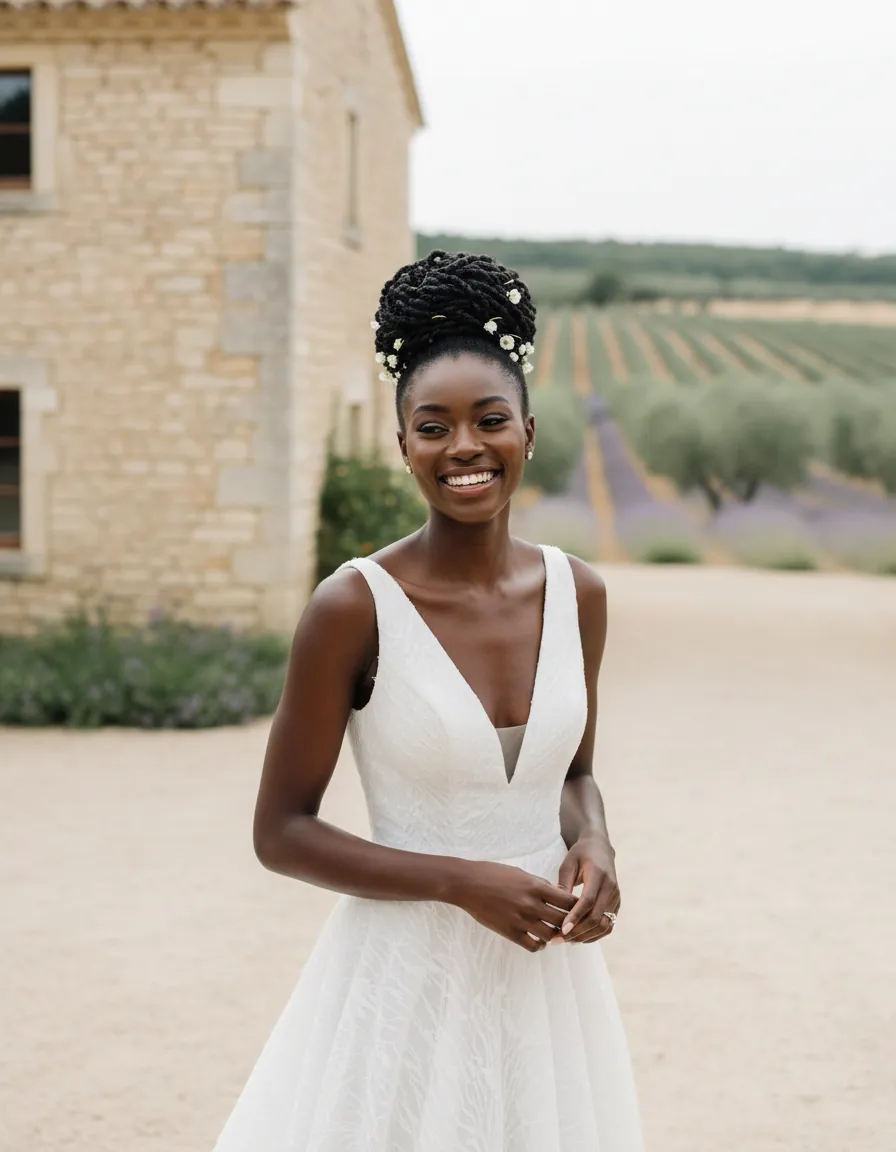 Mariée souriante, locks relevées en chignon haut orné de petites fleurs blanches