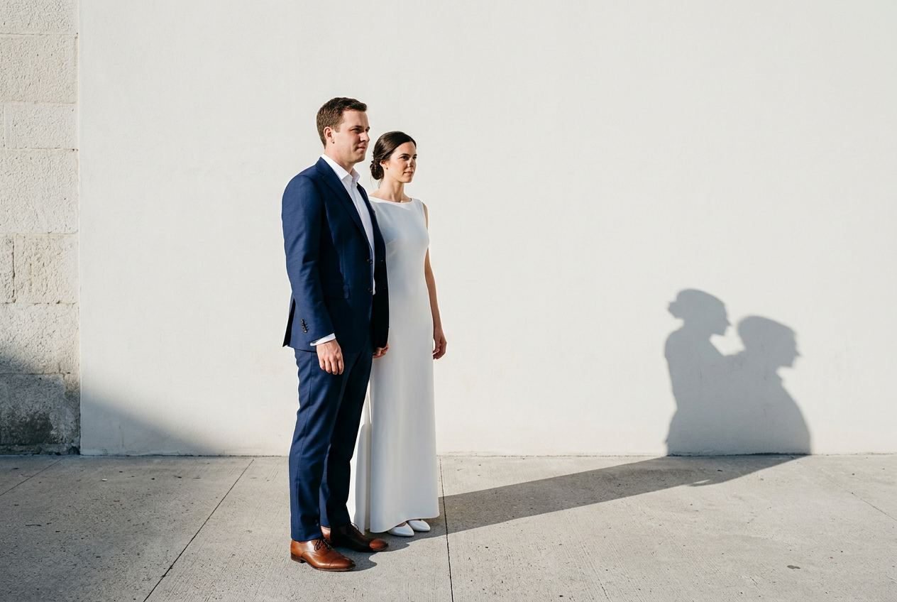 Les mariés côte à côte, costume bleu nuit et robe blanche, devant un mur clair