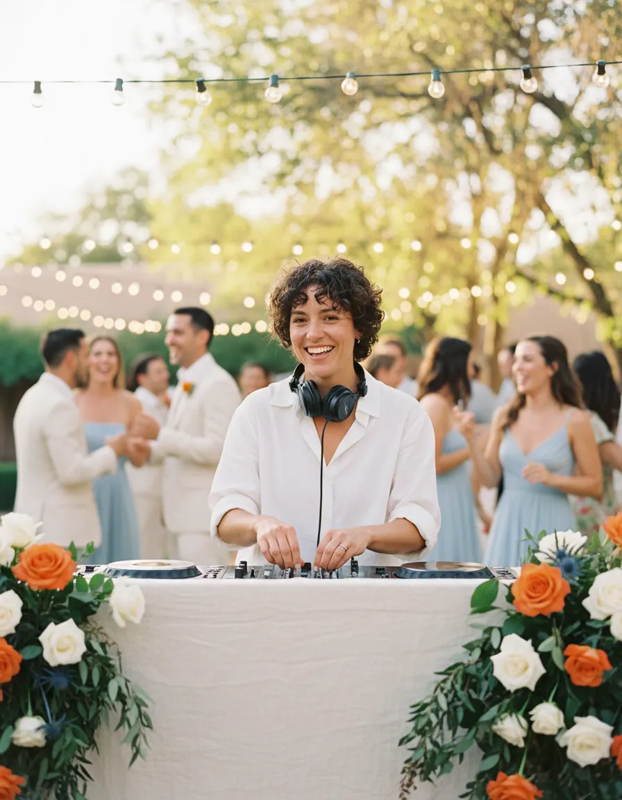 Lou, DJ de mariage, souriante derrière sa cabine habillée de lin blanc et de fleurs, casque autour du cou