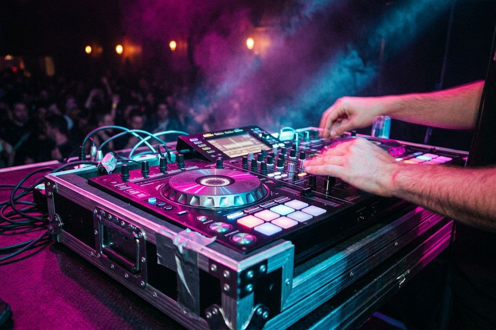Contrôleur de DJ éclairé par en dessous en magenta et cyan, mains floues au-dessus.