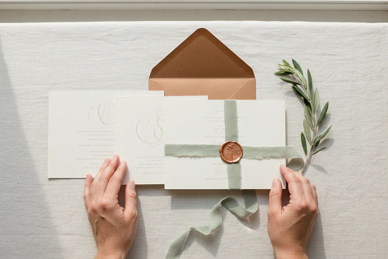 Une suite de faire-part en papier coton crème sur du lin blanc, enveloppe cuivre, cachet de cire et brin d’olivier