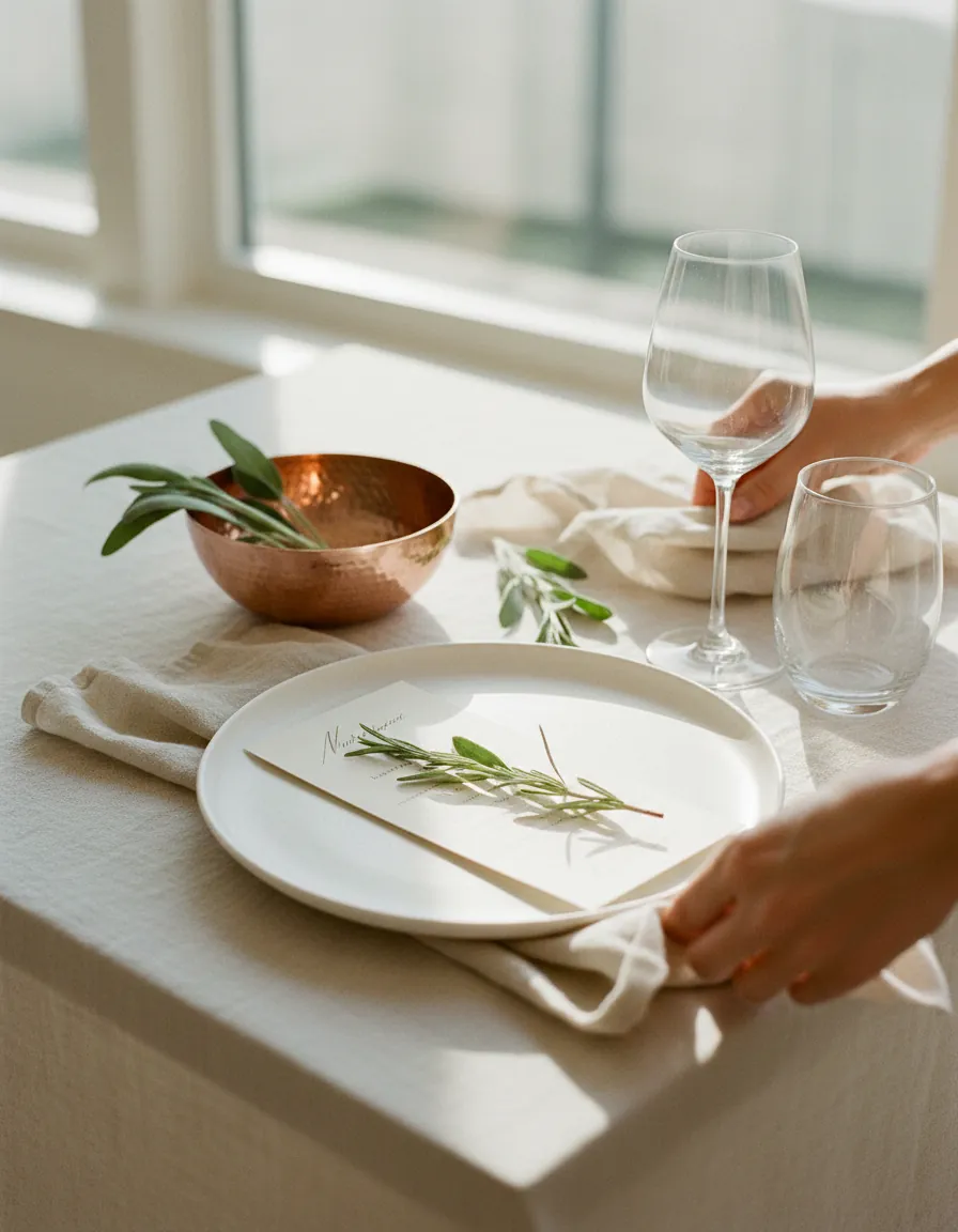 Un menu crème posé sur une assiette blanche, brin de romarin, verres fins