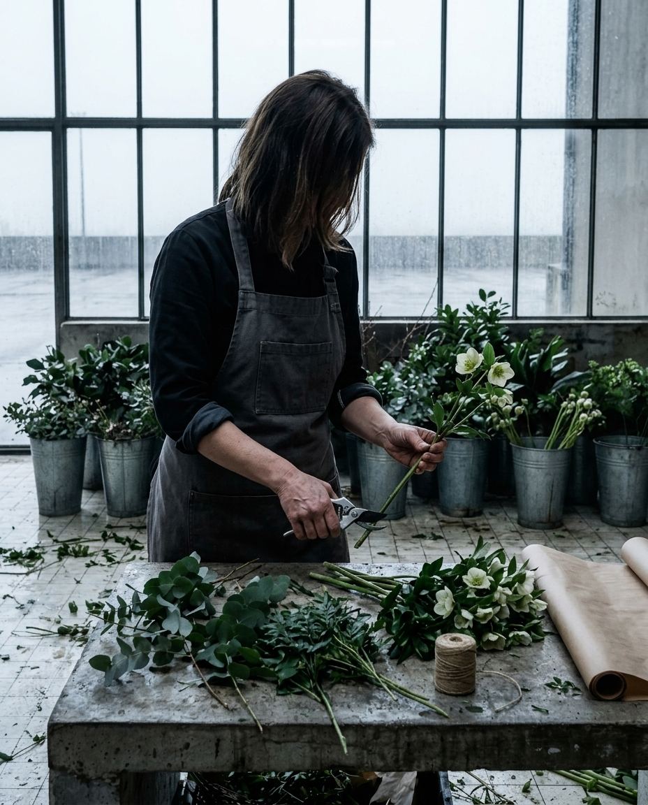 La fleuriste au travail à son établi, vue de dos