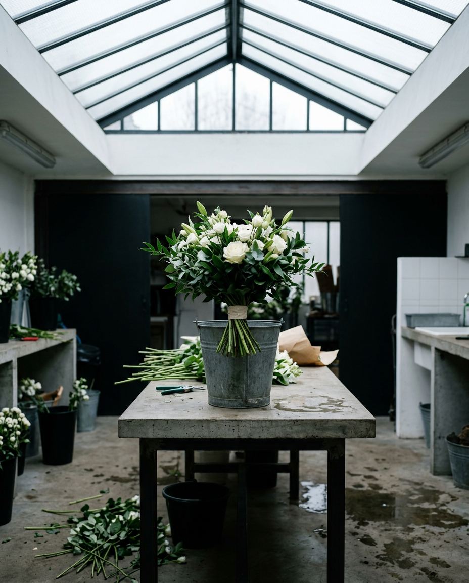Bouquet de mariée dans un seau en zinc sur un établi en béton