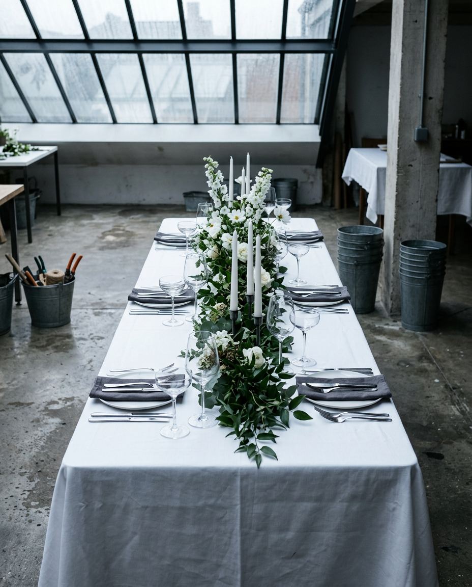 Centre de table fleuri, verres alignés, avant l’arrivée des invités