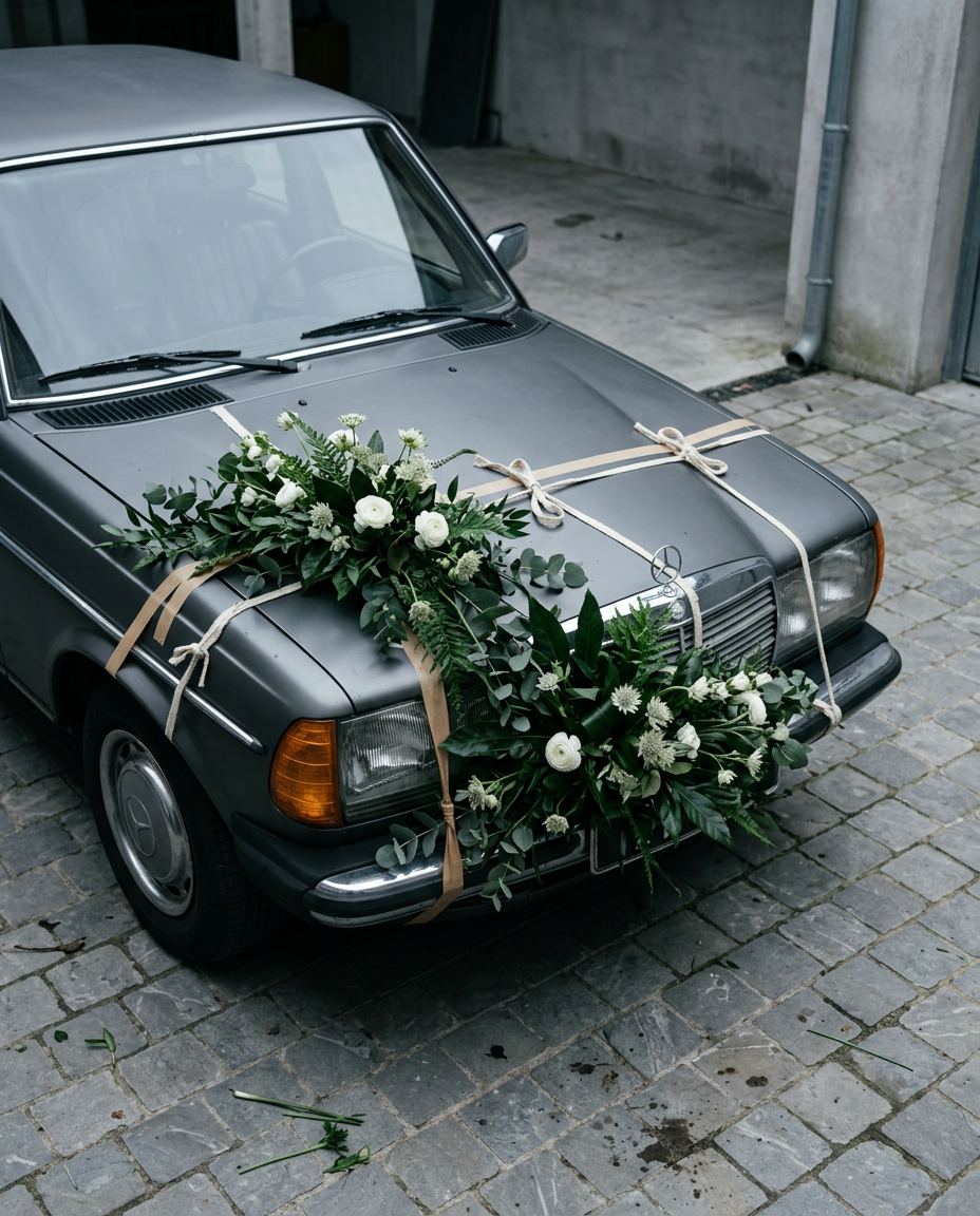Composition florale fixée sur le capot d’une voiture ancienne
