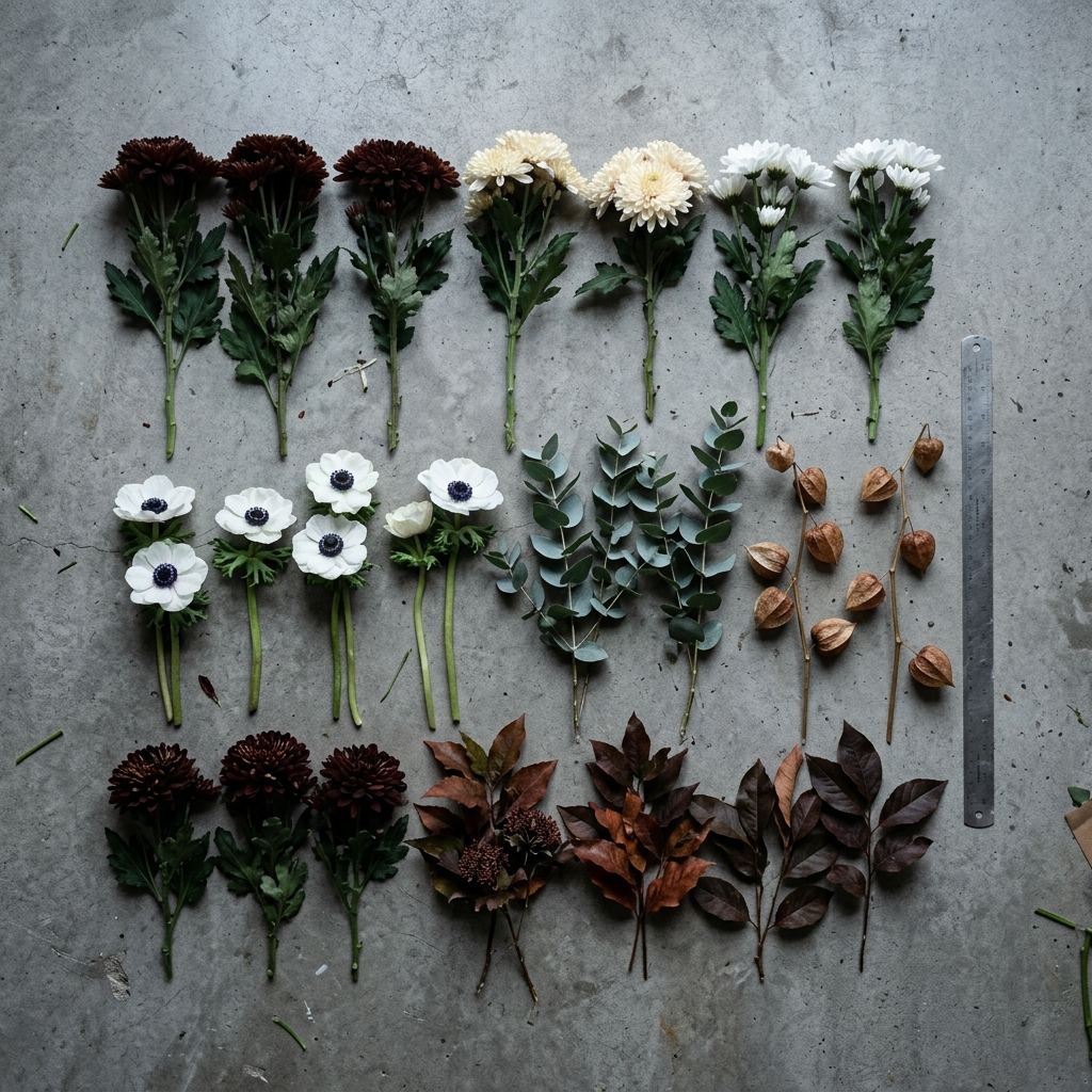 Les fleurs disponibles en automne, disposées à plat sur du béton