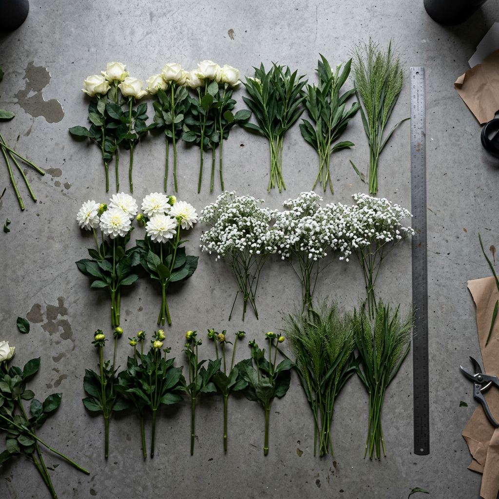 Les fleurs disponibles en été, disposées à plat sur du béton
