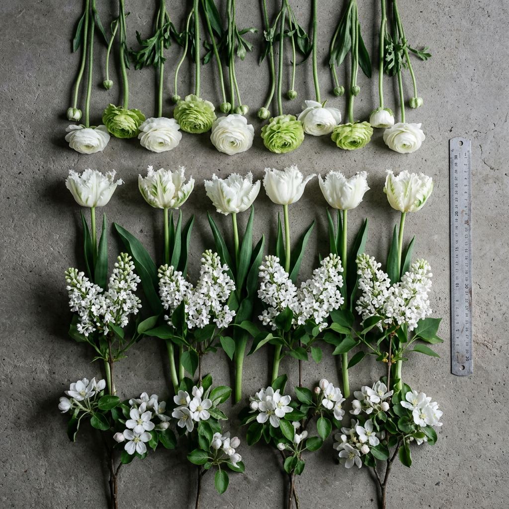 Les fleurs disponibles au printemps, disposées à plat sur du béton