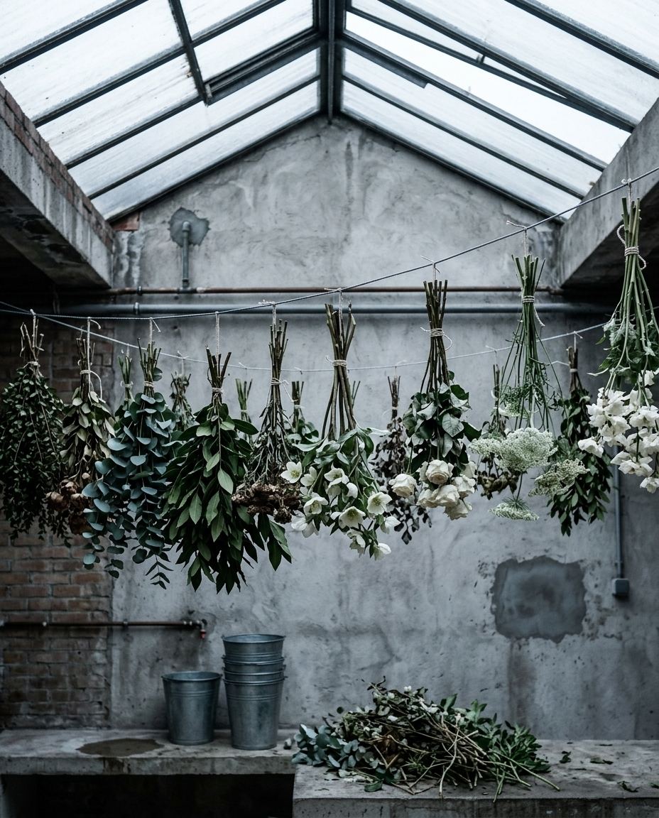 Bottes de fleurs suspendues tête en bas en train de sécher dans l’atelier