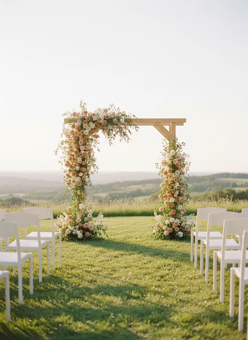Une arche de bois clair couverte de fleurs pêche et blanches dans un pré, chaises blanches