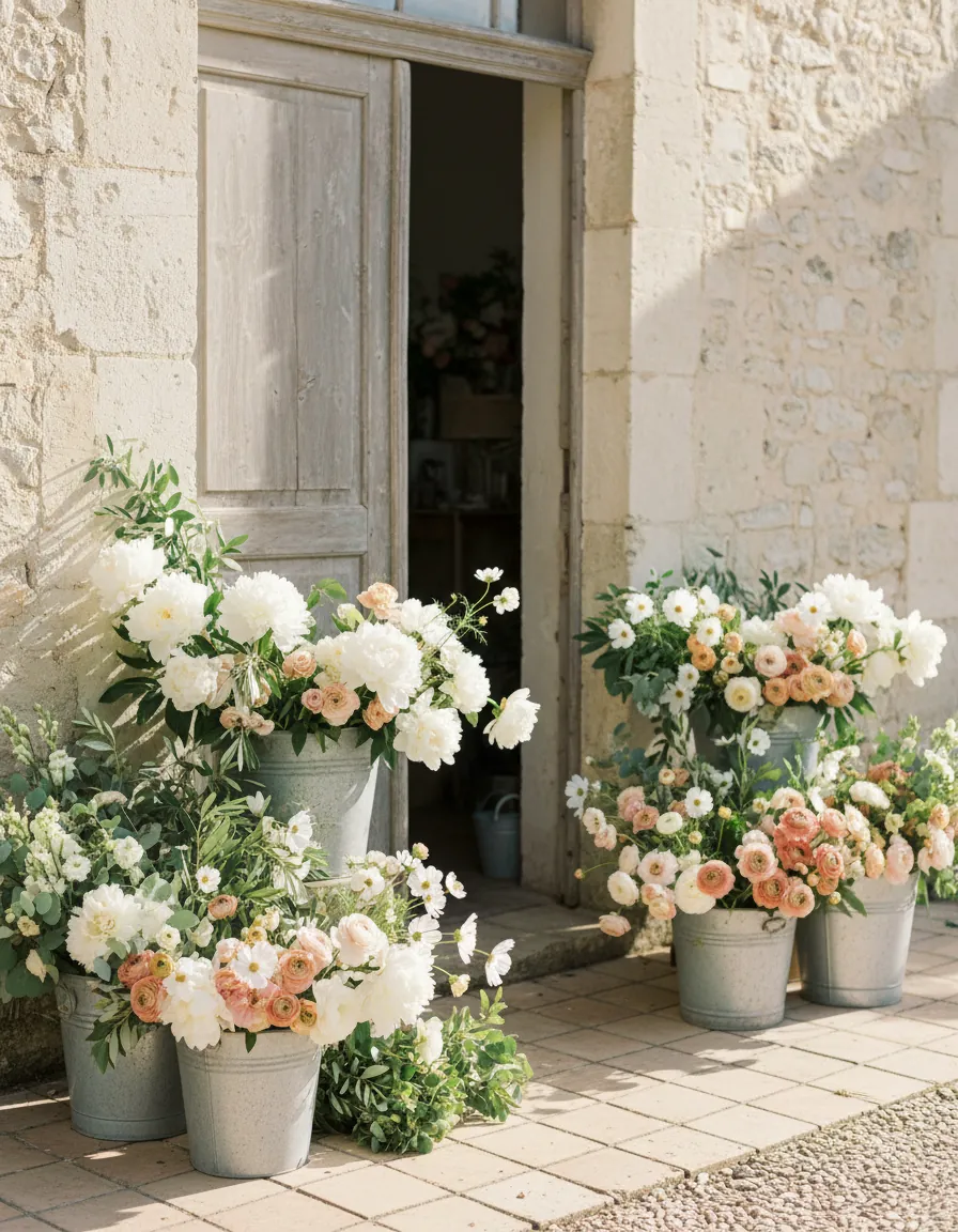 Des seaux de zinc remplis de pivoines, renoncules et feuillages à la porte de l’atelier