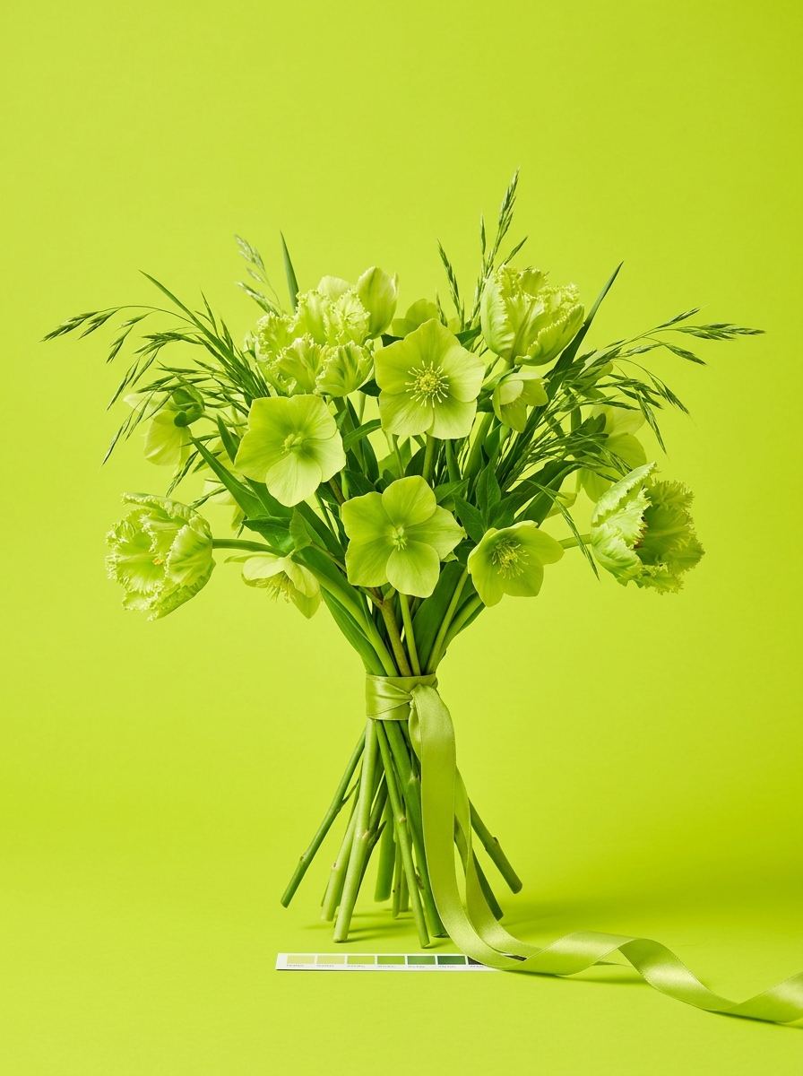 Le même bouquet en hellébores vertes et graminées, sur fond vert acide