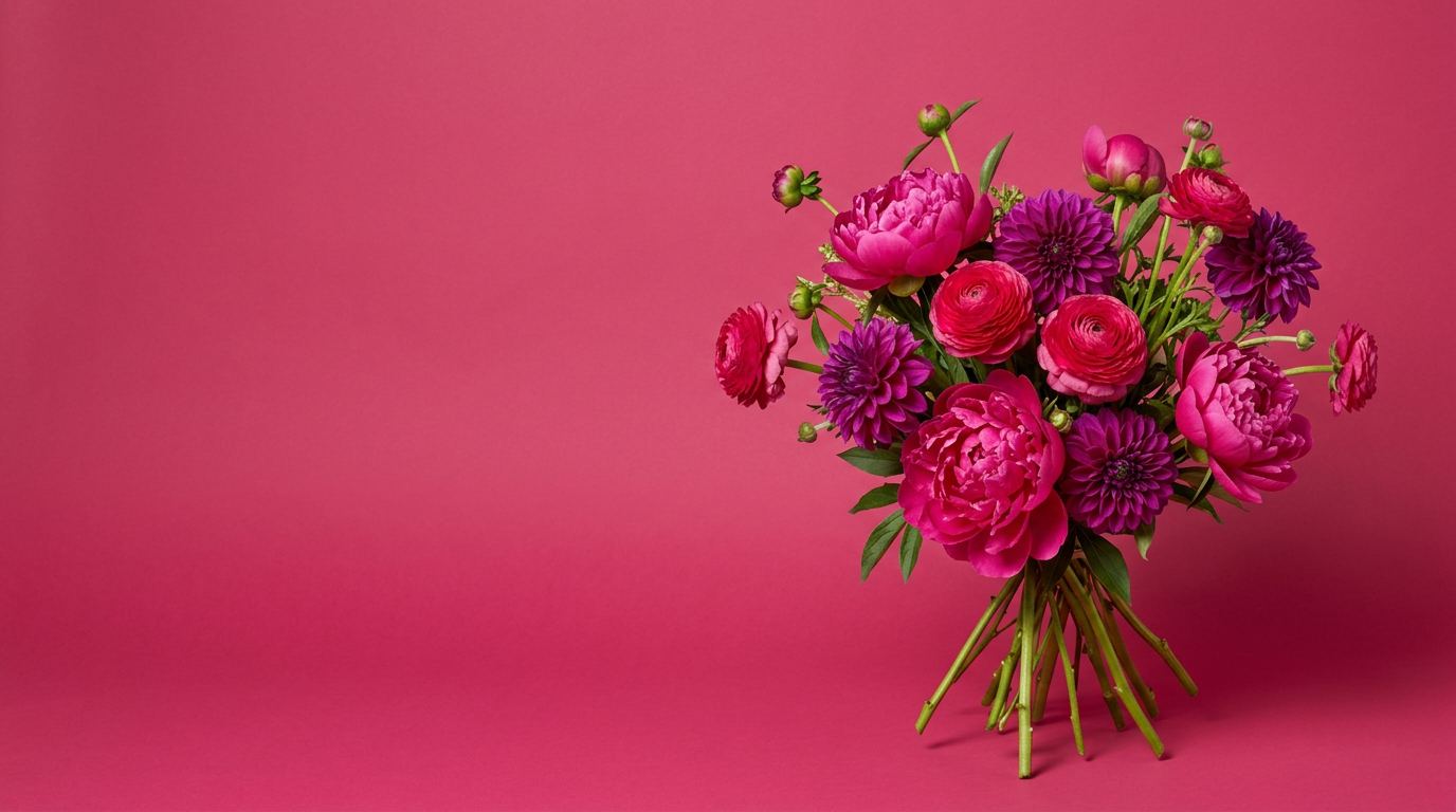 Composition de pivoines et de dahlias fuchsia posée sur un fond de papier fuchsia