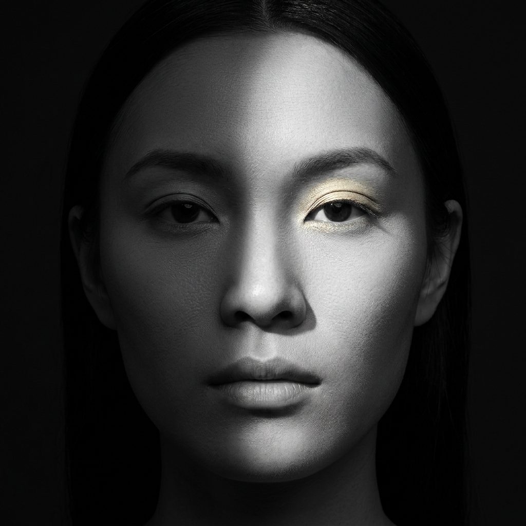 Portrait beauté de face, une pointe d’or pâle sur la paupière.