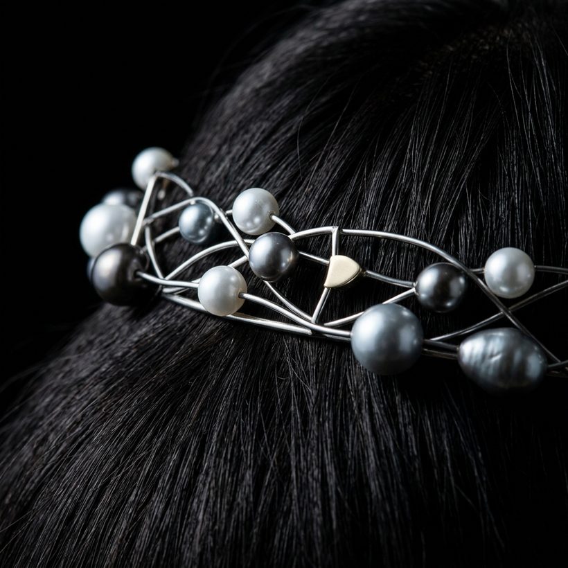 Bijou de tête en acier fin et perles froides piqué dans les cheveux.