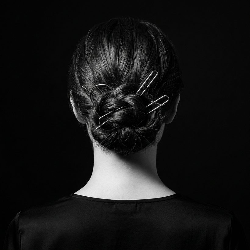 Chignon bas orné d’épingles d’acier, vu de dos.