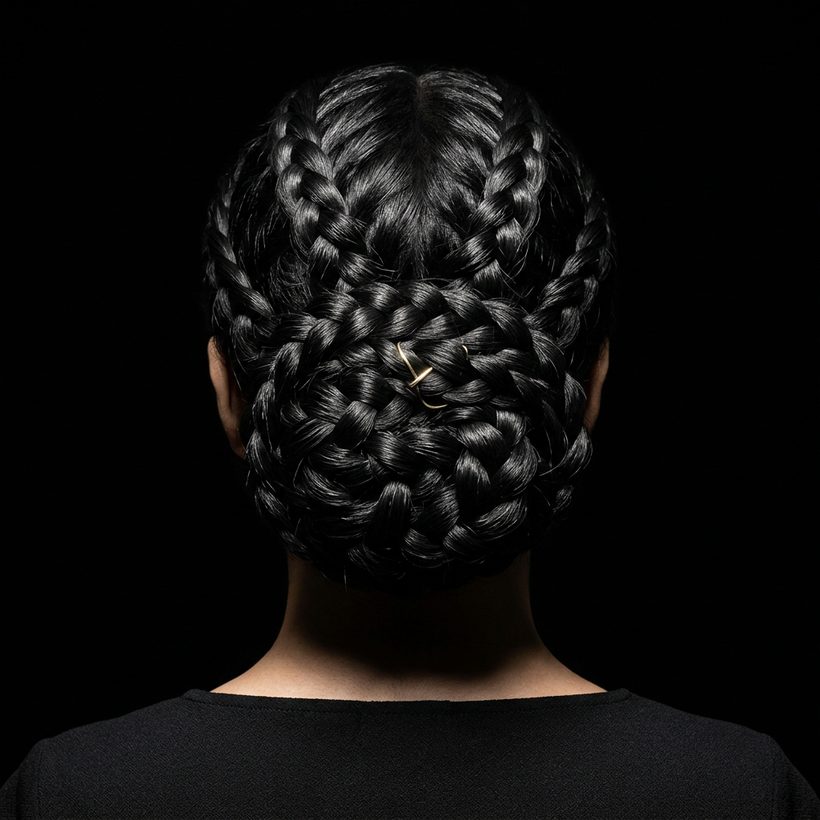 Chignon tressé complexe vu de dos.