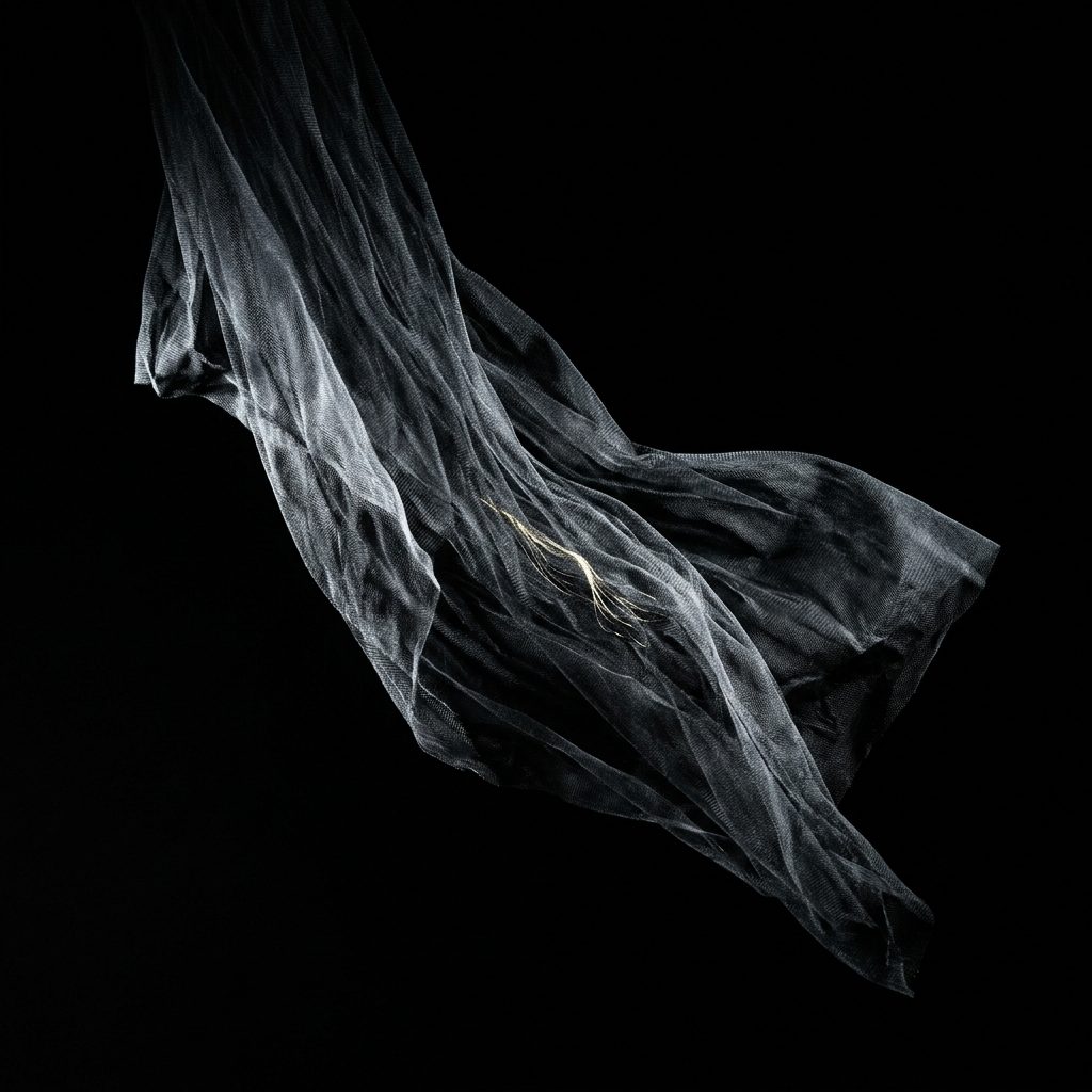 Un voile de tulle saisi en mouvement, éclairé de côté sur fond noir.