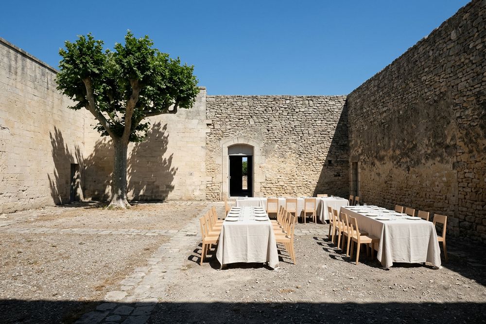 La cour close, tables de banquet dressées, ombre du platane sur le gravier.