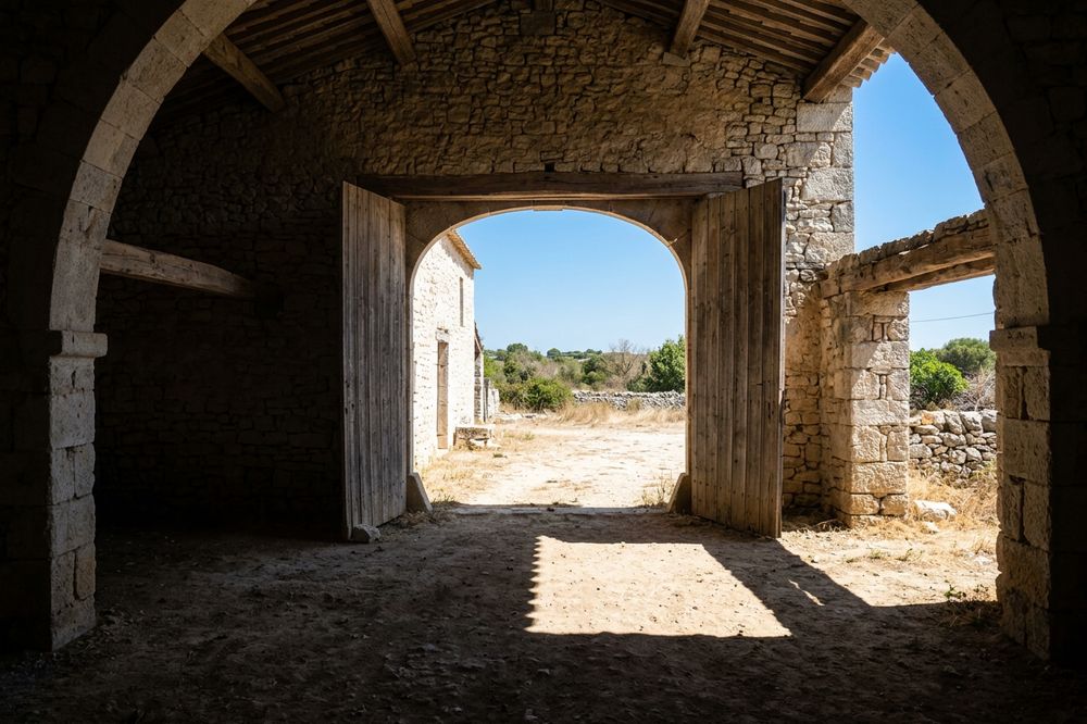 La grange voûtée, portes ouvertes sur le plein midi, tache de soleil au sol.