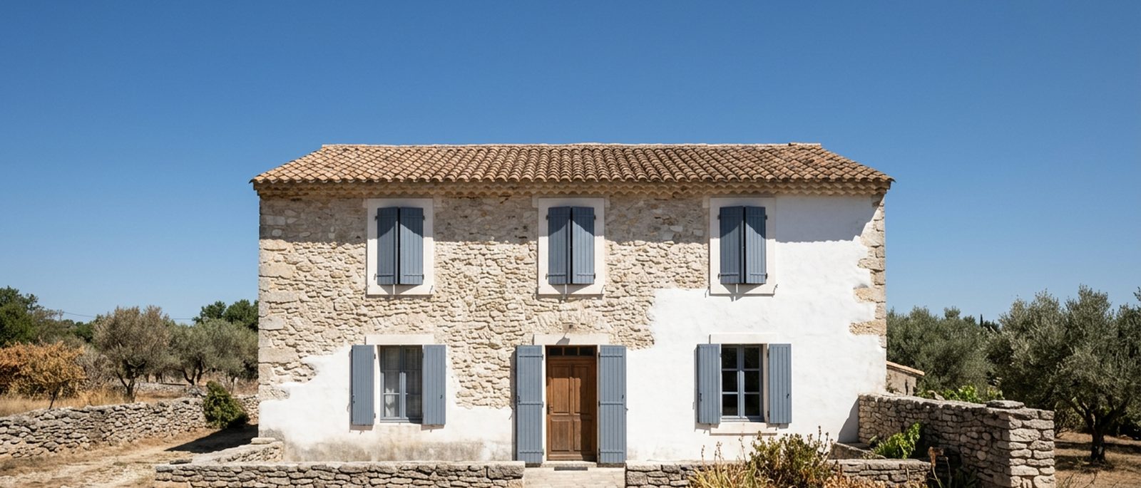 Le mas vu de face à midi, ciel bleu franc, ombre courte au pied du mur.