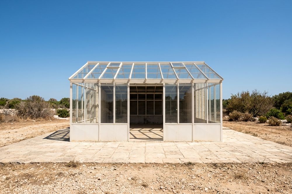 L’orangerie à verrière blanche, structure métallique, plein soleil.