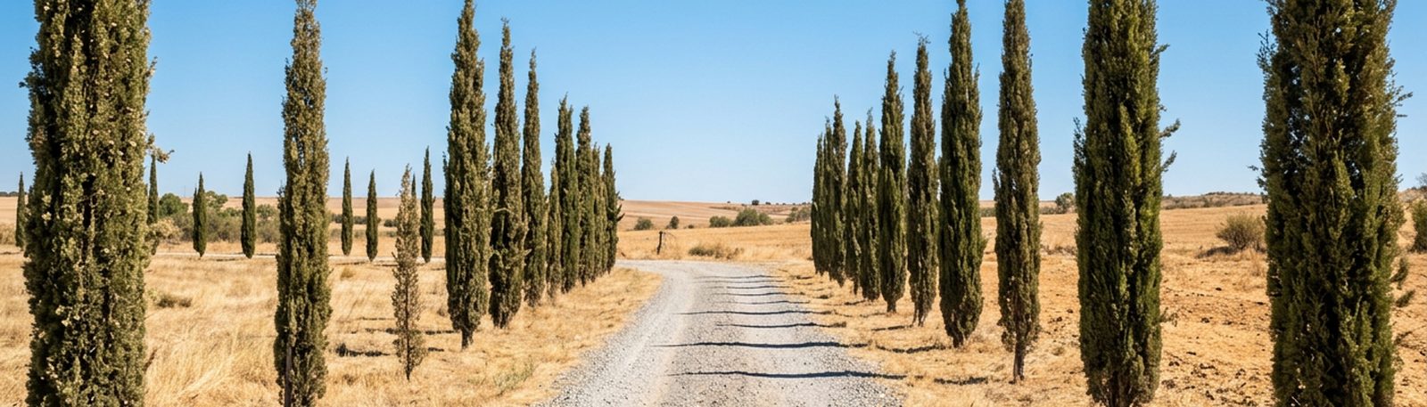 L’allée de cyprès en plein midi, ombres courtes en travers du gravier.