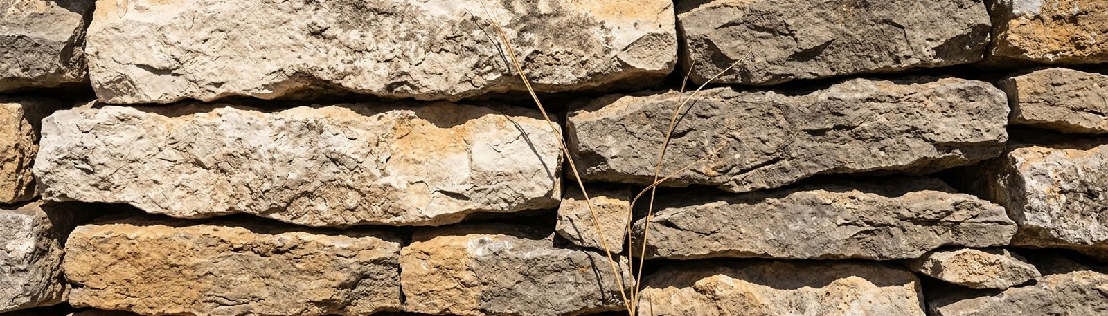 Mur de pierre sèche chauffé par le soleil de midi, chaque pierre porte son ombre courte.