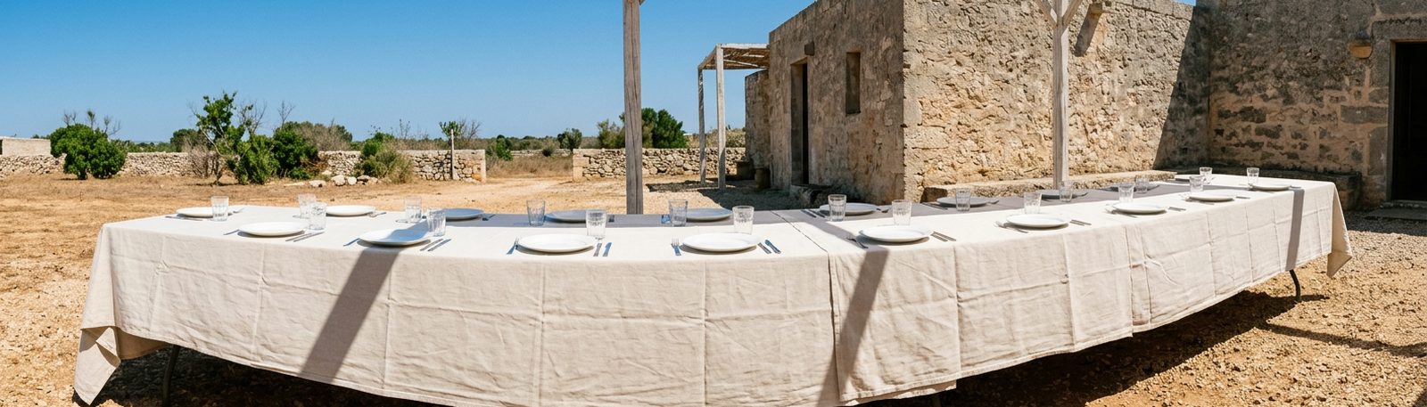 Longue table de banquet dressée dehors à midi, ombres courtes de la vaisselle sur la nappe de lin.