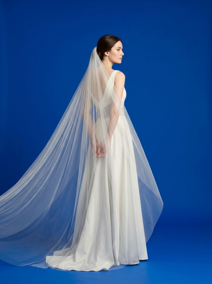De trois quarts dos, long voile de tulle ouvert derrière elle