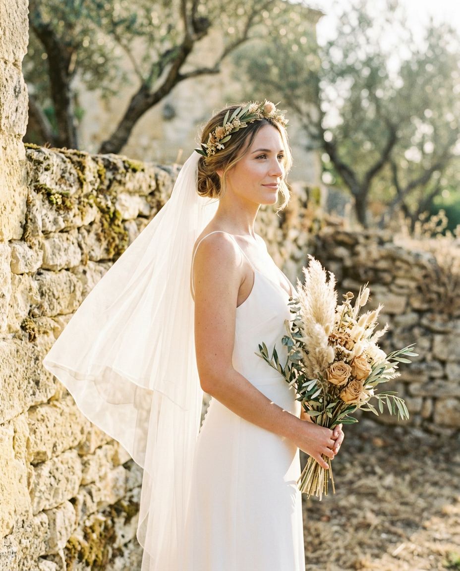 Mariée au voile et à la couronne de fleurs, maquillage naturel