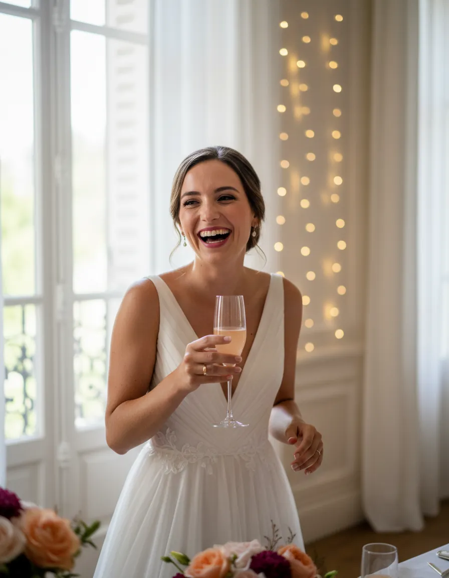 Mariée qui rit en soirée, une coupe à la main, maquillage toujours frais