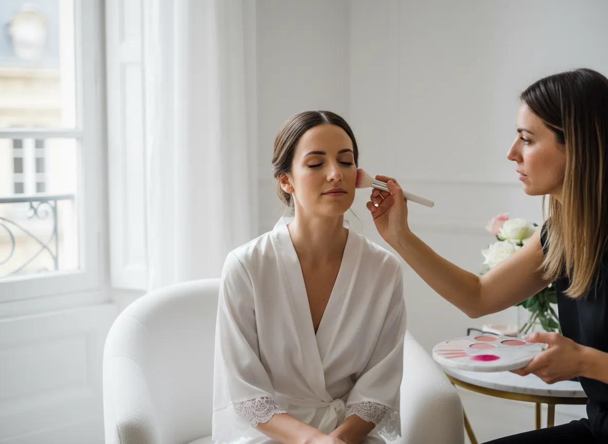 La maquilleuse applique du blush au pinceau sur la joue d’une mariée en peignoir, près d’une fenêtre