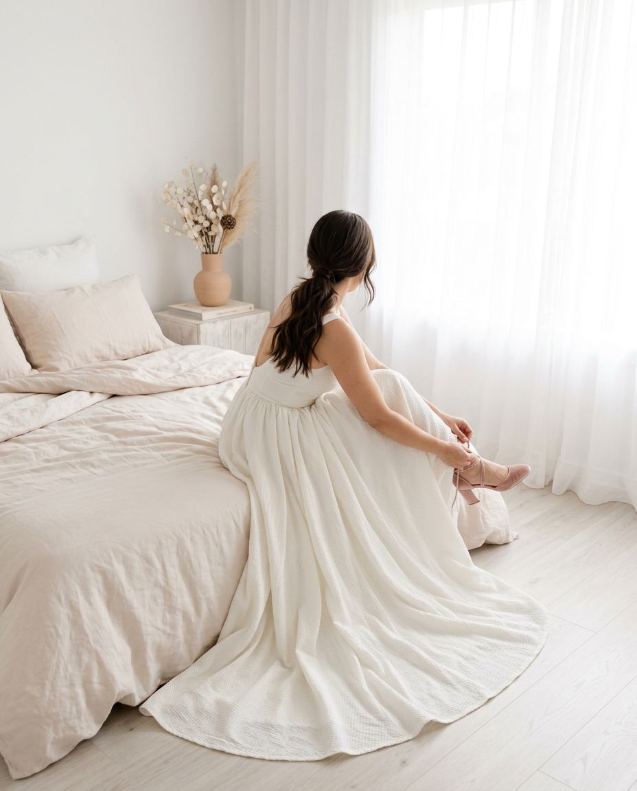 Une mariée assise au bord d’un lit dans une chambre lumineuse
