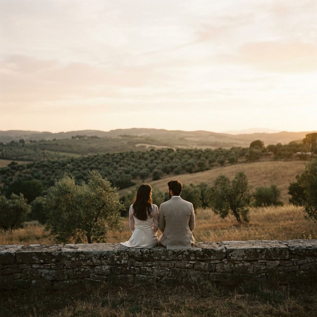 Le couple assis sur un muret face aux collines