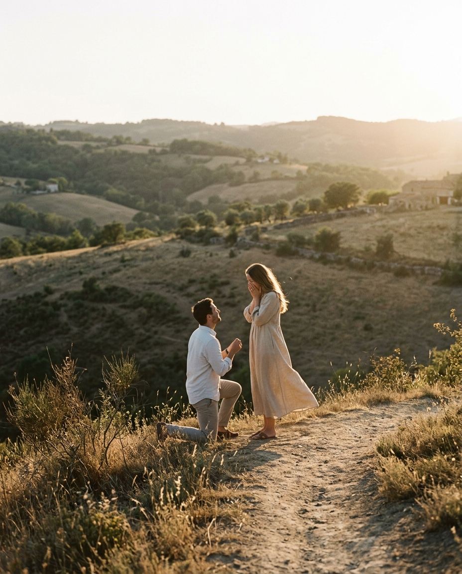 La demande en mariage sur un chemin de crête au coucher du soleil